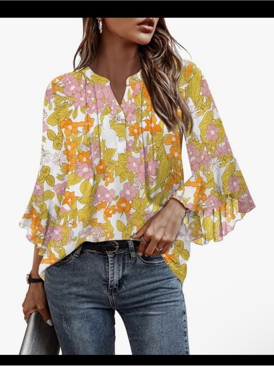 Tops - Floral V-Neck Ruffle Sleeve Blouse - White with Pink & Orange Floral Print